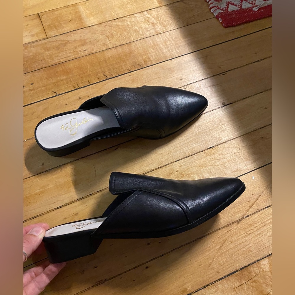 42 GOLD Black Leather Mules